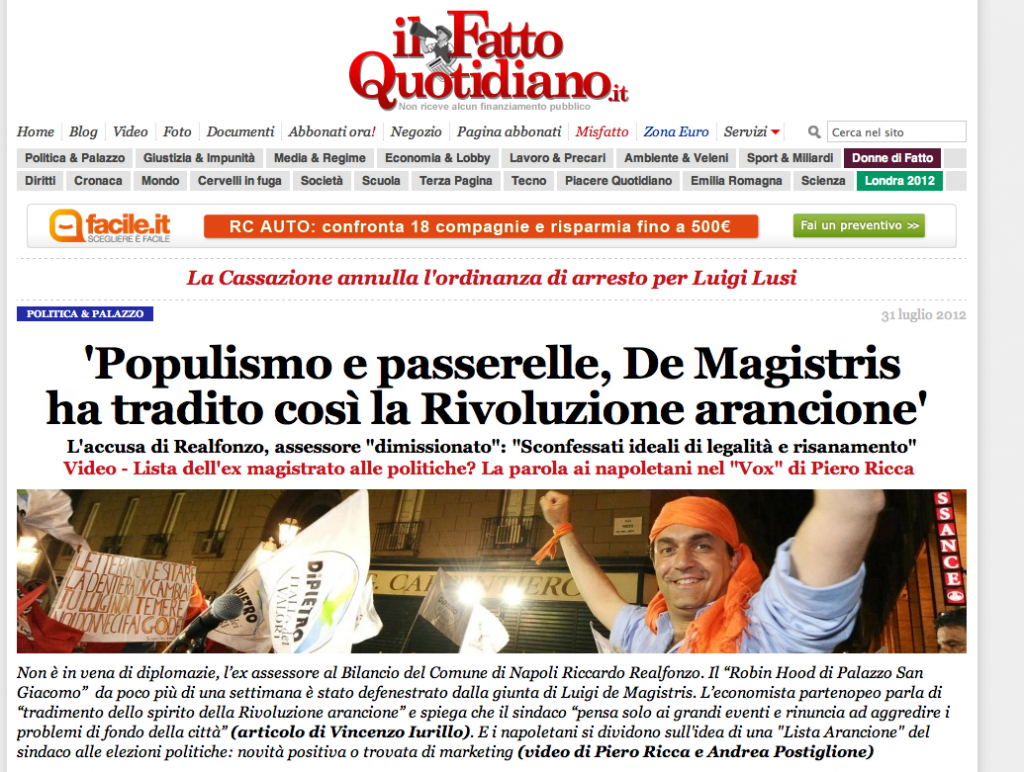 La homepage del Fatto Quotidiano con l'intervista su Realfonzo La homepage del Fatto Quotidiano con l'intervista su Realfonzo